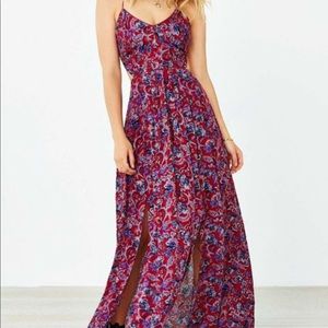 Red floral lace up maxi dress
